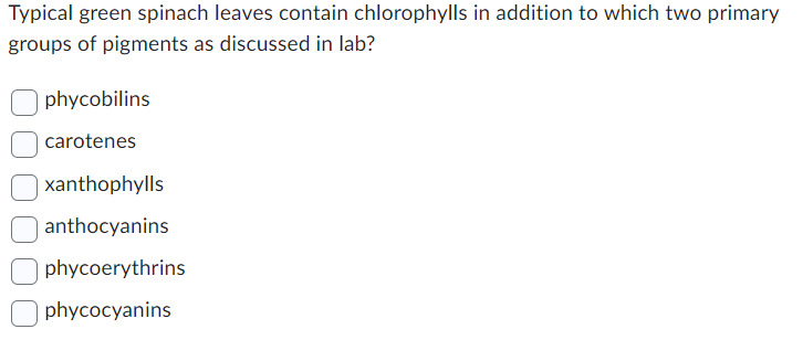 Typical green spinach leaves contain chlorophylls in addition to which two primary
groups of pigments as discussed in lab?
phycobilins
carotenes
xanthophylls
anthocyanins
phycoerythrins
phycocyanins