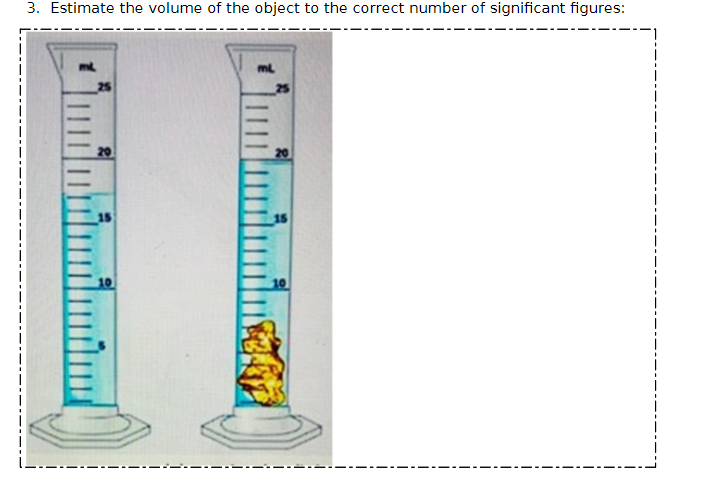 3. Estimate the volume of the object to the correct number of significant figures:
mL
25
20
10
ML
15
10
————