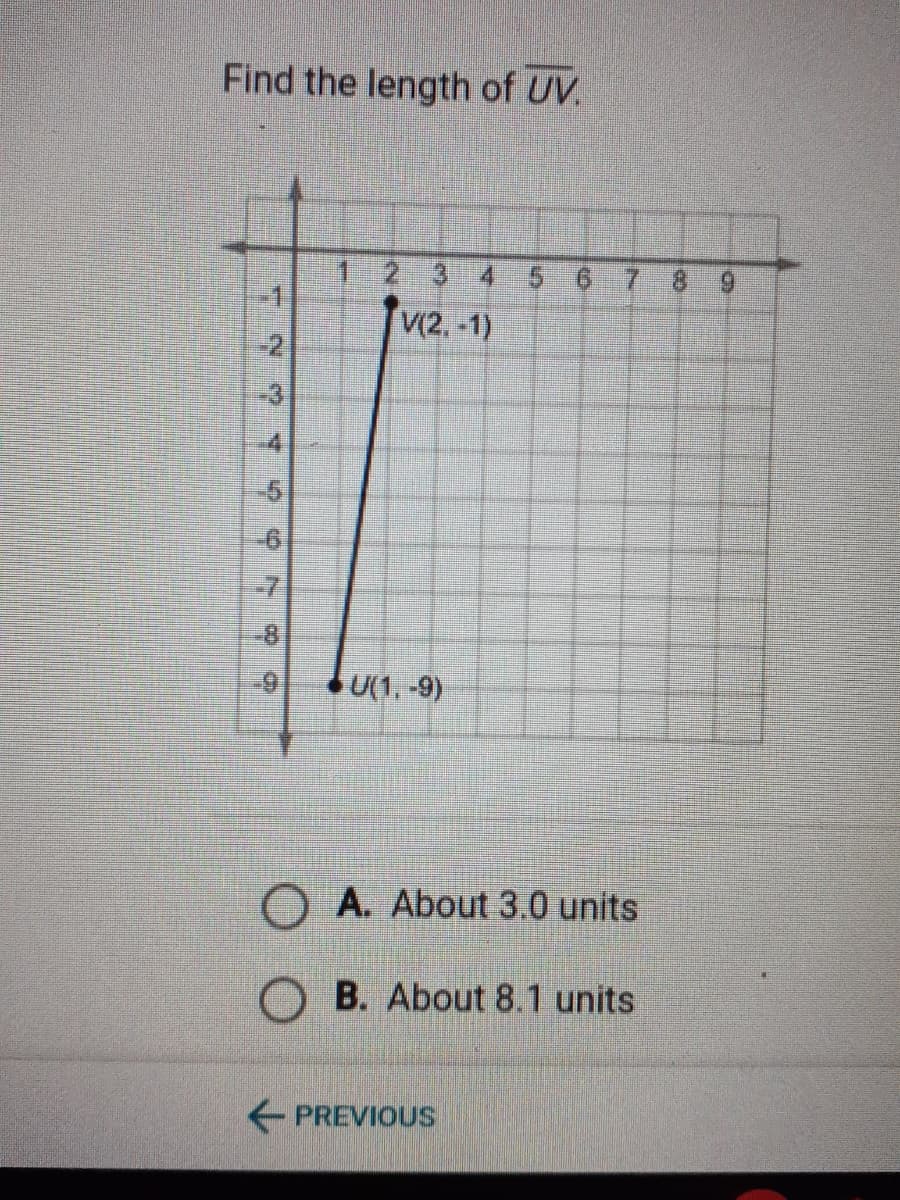 Find the length of UV.
2 3 4
9.
7.
6.
V(2, -1)
-2
-3
-7
U(1, -9)
O A. About 3.0 units
B. About 8.1 units
PREVIOUS
5.
