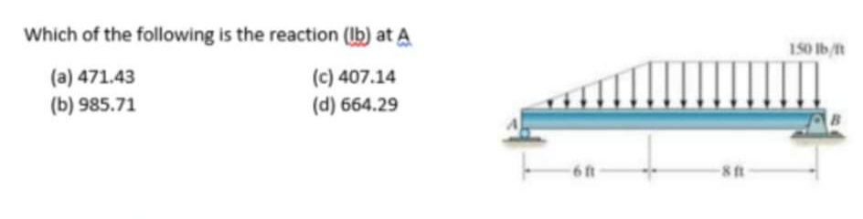 Which of the following is the reaction (lb) at A
150 lb/ft
(a) 471.43
(b) 985.71
(c) 407.14
(d) 664.29
8 ft
