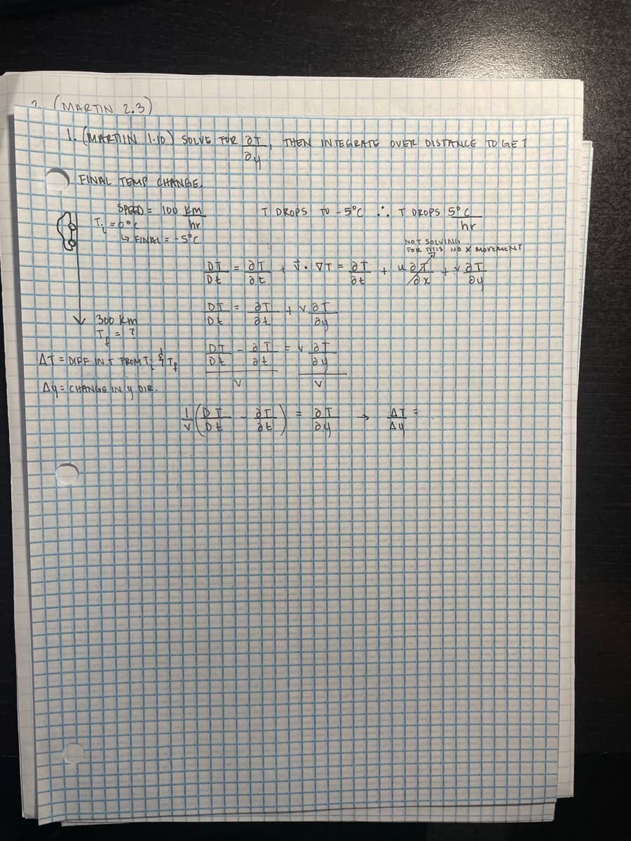 2.
(MARTIN 2.3)
(MARTIN 1-10) SOLVE FOR OF
joy
FINAL TEMP CHANGE.
SPEED
100 km
hr
↳ FINAL = -5°C.
T₁ = 6°
✓ 300 km.
7
AT = DIFF IN + FROM T & T₂
Ay = CHANGE IN Y DIR.
DT
DE
DIT
D
D.FI
DA
V DE
lat
V
T DROPS TU
+++
T
at
a T
at
THEN INTEGRATE OVER DISTANCE TO GET
atl
J.VTE at
at
vat
au
W
vat
V
5°C
ay
3
!". T DROPS 5P c
hr
+
NOT SOLVING
FOR TITIS NO X MOVEMENT
Wat
AT =
Au
T
อน