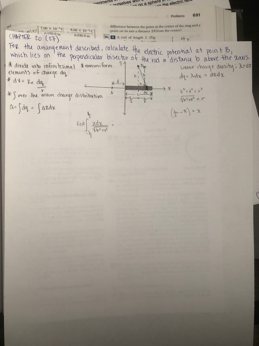 meriments
- nurselves WI
"n on a sphere
an the electric fier
Problems
691
7.00 x 10-C
difference between the point at the center of the ring and a
naN m/C?
8.00 x 10-9 C
point on its axis a distance 2R from the center?
0 070 0 m
CHAPTER 20 (27)
0.030 0 m
26. SA rod of length L (Fig.
nvie
FOR the arranyement described, calculate the electric potential at poin t B,
which lies on the perpendicular bisector of the rod a'distance b above the Xaxis.
* divide into infinitesimal *nonuni form
elemints of charge da
*dv= Ke dar
1.
Linear charge density: -ax
da= Adx - axdx
Y
A
*S over the entire charye distnibution
Q=
-*) = x
Kea xdx
