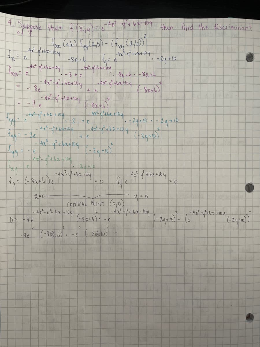 4.
Suppose that f (vu)=le f yq ugrpy thum find the diseriminant
+ 6x+104
e
-8x+6
-2y+10.
-8+e
-8x +b.-8X+6
2.
4x
(-8x+6)
le
2u+10 -
e
4xf-
2.
AxT-u+bx+104
-le
4xt.
:+24+10
X-0
y=0
(ETICAL POINT C0,0)
4722
D= -7e
-te
|-e
