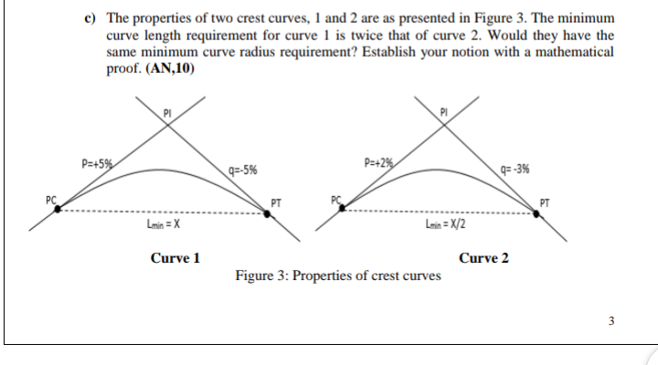 c) The properties of two crest curves, 1 and 2 are as presented in Figure 3. The minimum
curve length requirement for curve 1 is twice that of curve 2. Would they have the
same minimum curve radius requirement? Establish your notion with a mathematical
proof. (AN,10)
PI
PI
P=+5%
P=+2%
9=-5%
q= -3%
PC
PT
PT
Lmin = X
Lmin = X/2
Curve 1
Curve 2
Figure 3: Properties of crest curves
3
