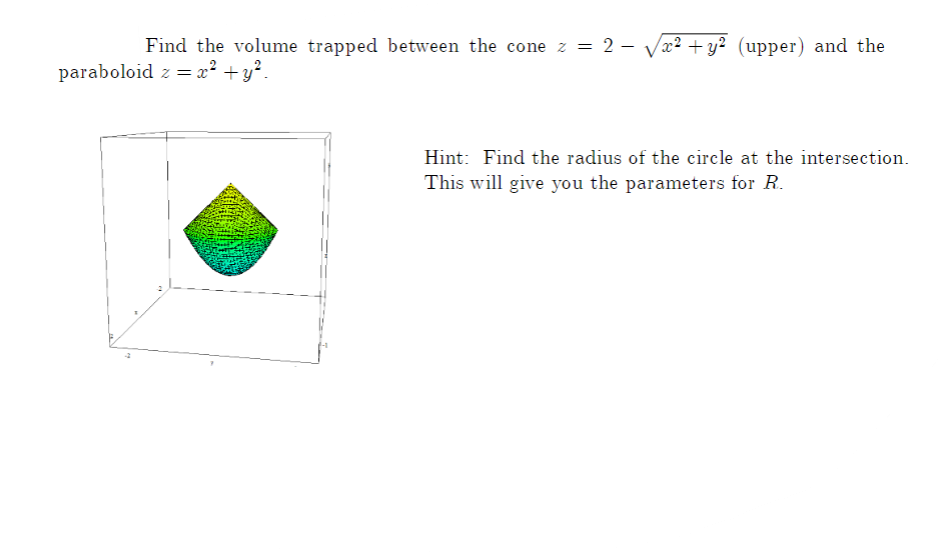 Find the volume trapped between the cone z = 2 –
x² + y² (upper) and the
paraboloid z = x² +y?.
Hint: Find the radius of the circle at the intersection.
This will give you the parameters for R.
