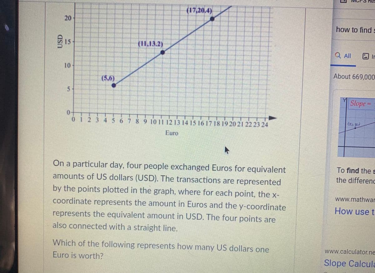 (17,20.4)
20
how to find s
15
(11,13.2)
Q ll
10
About 669,000
(5,6)
5n
Y
Slope=
0-
012 3456 7 89 10 11 12 13 1415 16 17 18 19 20 21 22 23 24
Euro
On a particular day, four people exchanged Euros for equivalent
amounts of US dollars (USD). The transactions are represented
To find the s
the differenc
by the points plotted in the graph, where for each point, the x-
www.mathwar
coordinate represents the amount in Euros and the y-coordinate
How use t
represents the equivalent amount in USD. The four points are
also connected with a straight line.
Which of the following represents how many US dollars one
www.calculator.ne
Euro is worth?
Slope Calcula
USD
