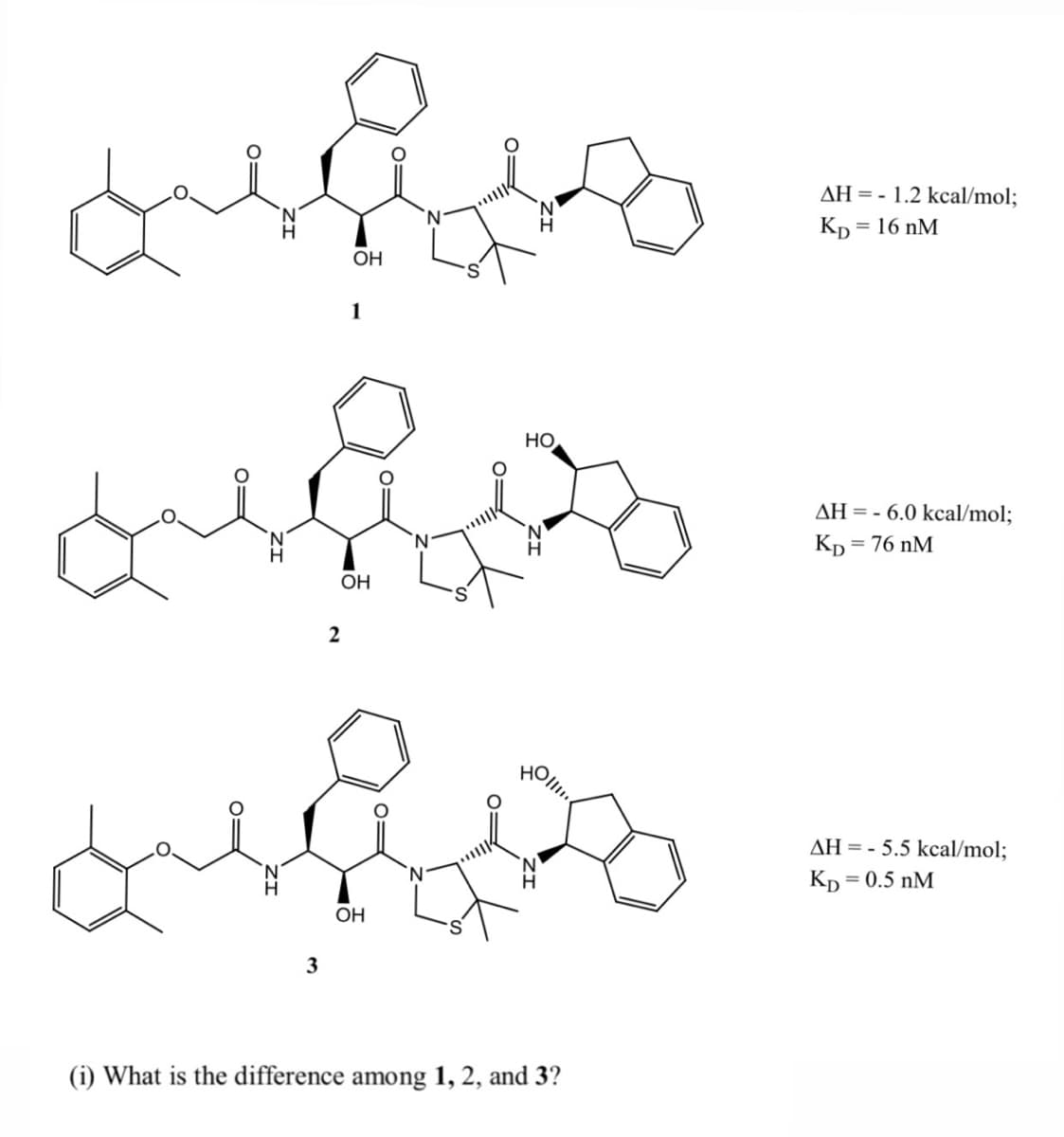 AH = - 1.2 kcal/mol;
Kp = 16 nM
ОН
1
HO
AH = - 6.0 kcal/mol;
Kp = 76 nM
OH
2
AH = - 5.5 kcal/mol;
Kp
= 0.5 nM
OH
3
(i) What is the difference among 1, 2, and 3?
