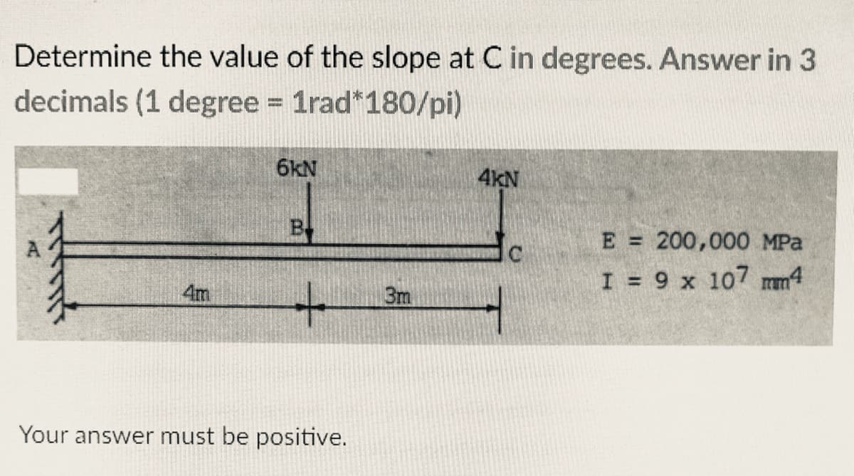 Determine the value of the slope at C in degrees. Answer in 3
decimals (1 degree 1rad*180/pi)
6kN
4kN
B
E = 200,000 MPa
I = 9 x 107 mm4
+
4m
3m
Your answer must be positive.
