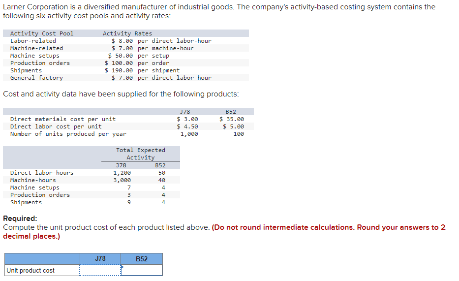 Larner Corporation is a diversified manufacturer of industrial goods. The company's activity-based costing system contains the
following six activity cost pools and activity rates:
Activity Cost Pool
Labor-related
Machine-related
Machine setups
Production orders
Shipments
$190.00 per shipment
General factory
$7.00 per direct labor-hour
Cost and activity data have been supplied for the following products:
Activity Rates
$ 8.00 per direct labor-hour
$7.00 per machine-hour
$50.00 per setup
$100.00 per order
Direct materials cost per unit
Direct labor cost per unit
Number of units produced per year
Direct labor-hours
Machine-hours
Machine setups
Production orders
Shipments
Unit product cost
Total Expected
Activity
J78
378
1,200
3,000
7
3
9
B52
50
40
B52
+++
Required:
Compute the unit product cost of each product listed above. (Do not round intermediate calculations. Round your answers to 2
decimal places.)
378
$ 3.00
$4.50
1,000
B52
$ 35.00
$5.00
100