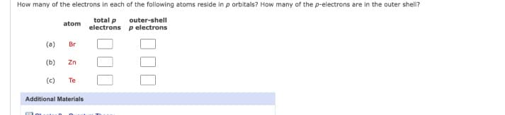 How many of the electrons in each of the following atoms reside in p orbitals? How many of the p-electrons are in the outer shell?
total p
electrons
atom
mo
(a)
(b) Zn
(c) Te
Br
Additional Materials
outer-shell
p electrons