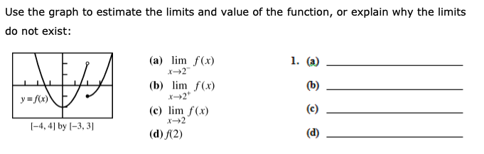 Use the graph to estimate the limits and value of the function, or explain why the limits
do not exist:
(a) lim f(x)
1. (а)
(b) lim f(x)
x→2*
(b)
y = f(x)
(c) lim f(x)
[-4, 4] by [–3, 3]
(d) f(2)
