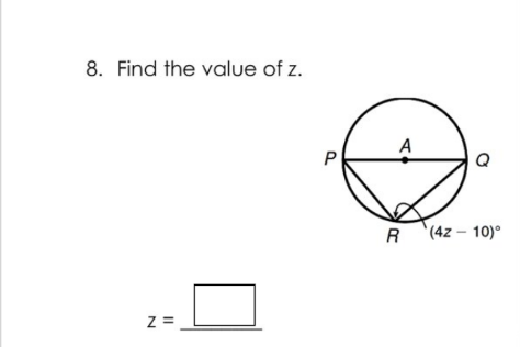 8. Find the value of z.
A
'(4z – 10)°
Z =
