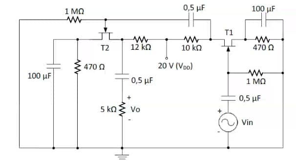 1 MO
0,5 µF
100 μΕ
T1
T2
12 kn
10 ko
470 0
470 2
20 V (Vpo)
100 μ
0,5 µF
1 MO
0,5 μF
5 kng vo
Vin
