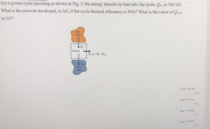 For a power cycle operating as shown in Fig. 5, the energy transfer by heat into the cycle, Qa, is 500 MJ.
What is the network developed, in MJ, if the cycle themal efficiency is 30%? What is the value of Qaut,
in MJ?
Hot
body
System
Cold
body
Qout 330 M
Q130 M
40
Oout550 MI
Qu40 M
