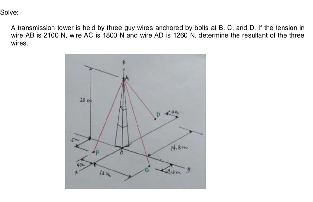 Solve:
A transmission tower is held by three guy wires anchored by bolts at B, C, and D. If the tension in
wire AB is 2100 N, wire AC is 1800 N and wire AD is 1260 N, determine the resultant of the three
wires.
20 m
12m
