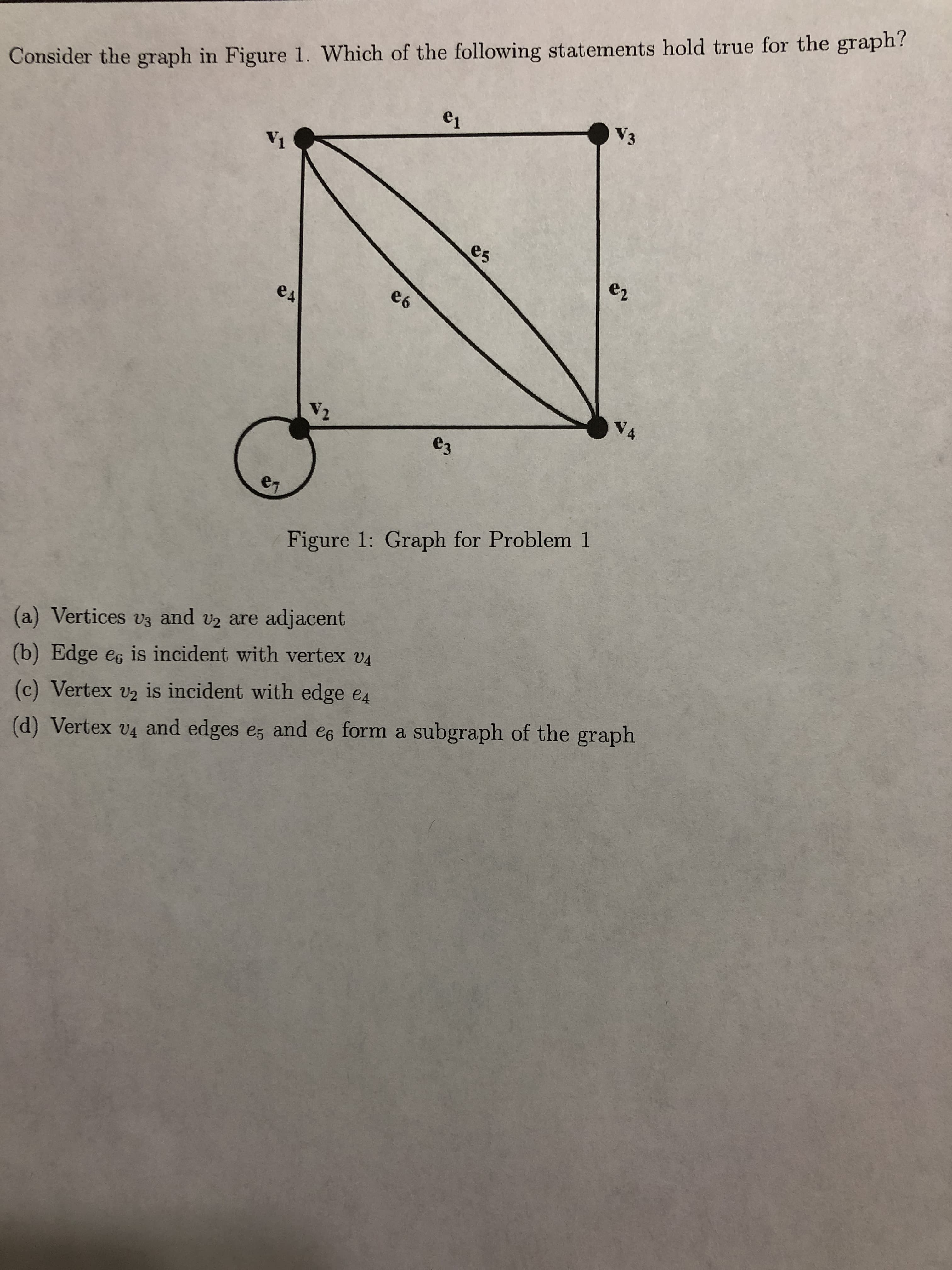 ### Graph Theory Problem - Adjacency and Incidence

#### Problem Statement:

Consider the graph in **Figure 1**. Which of the following statements hold true for the graph?

![Graph](image_url)

#### Figure Description:
In Figure 1, the graph consists of:
- **Vertices**: \( v_1, v_2, v_3, v_4 \)
- **Edges**: \( e_1, e_2, e_3, e_4, e_5, e_6, e_7 \)

The edges are connected as follows:
- Edge \( e_1 \) connects vertex \( v_1 \) to vertex \( v_3 \).
- Edge \( e_2 \) connects vertex \( v_3 \) to vertex \( v_4 \).
- Edge \( e_3 \) connects vertex \( v_2 \) to vertex \( v_4 \).
- Edge \( e_4 \) connects vertex \( v_1 \) to vertex \( v_2 \).
- Edge \( e_5 \) connects vertex \( v_1 \) to vertex \( v_4 \).
- Edge \( e_6 \) connects vertex \( v_3 \) to vertex \( v_4 \).
- Edge \( e_7 \) forms a loop at vertex \( v_2 \).

#### Statements to Evaluate:
(a) Vertices \( v_3 \) and \( v_2 \) are adjacent

(b) Edge \( e_6 \) is incident with vertex \( v_4 \)

(c) Vertex \( v_2 \) is incident with edge \( e_4 \)

(d) Vertex \( v_4 \) and edges \( e_5 \) and \( e_6 \) form a subgraph of the graph

**Figure 1: Graph for Problem 1**

### Analysis:
1. **Adjacency**: Vertices \( v_3 \) and \( v_2 \) are not adjacent; there is no direct edge connecting them.
2. **Incidence with \( v_4 \)**: Edge \( e_6 \) connects vertex \( v_1 \) to vertex \( v_4 \), making it incident with \( v_4 \).
3. **Incidence with \( v_2 \)**: Edge \( e_4 \) connects vertex \( v_1