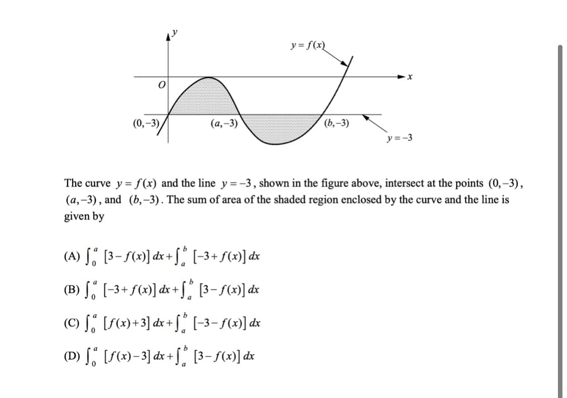 y = f(x)
(0,–3)
(а,-3)
(ь, -3)
y = -3
The curve y = f (x) and the line y =-3, shown in the figure above, intersect at the points (0,–3),
(a,-3), and (b,-3). The sum of area of the shaded region enclosed by the curve and the line is
given by
(A) S, [3-S(»] dx + [* (-3+ S(x)] dx
a
b
(B) [, [-3+ f(x)] dx +S° [3- f(x)] dx
(C) S, [S(x)+3] dx + [1-3-5(x)] dx
(D) [" [S(x)-3] dx + f , [3- S(»] dx
