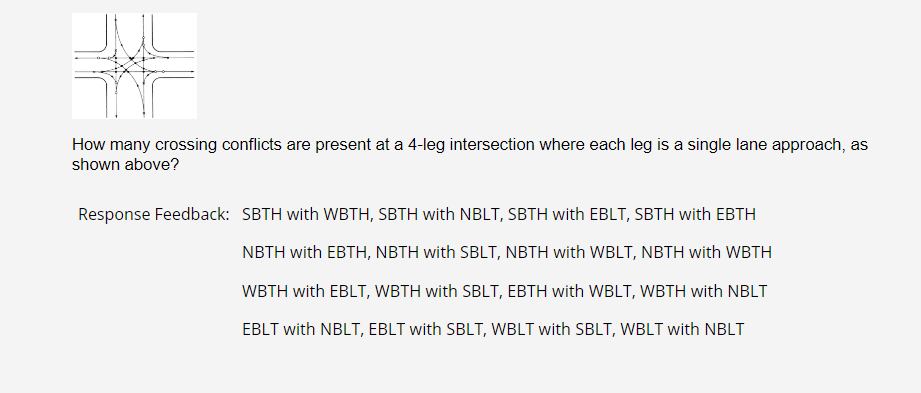 How many crossing conflicts are present at a 4-leg intersection where each leg is a single lane approach, as
shown above?
Response Feedback: SBTH with WBTH, SBTH with NBLT, SBTH with EBLT, SBTH with EBTH
NBTH with EBTH, NBTH with SBLT, NBTH with WBLT, NBTH with WBTH
WBTH with EBLT, WBTH with SBLT, EBTH with WBLT, WBTH with NBLT
EBLT with NBLT, EBLT with SBLT, WBLT with SBLT, WBLT with NBLT