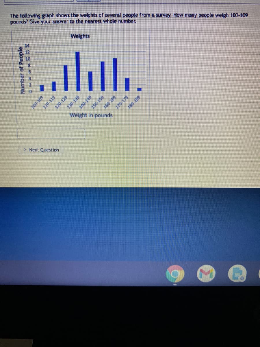 The following graph shows the weights of several people from & survey. How many people weigh 100-109
pounds? Give your answer to the nearest whole number,
Weights
14
ll
Weight in pounds
180-189
> Next Question
Number of People
100-109
110-119
120-129
* 140-149
150 159
160-169
170-179
