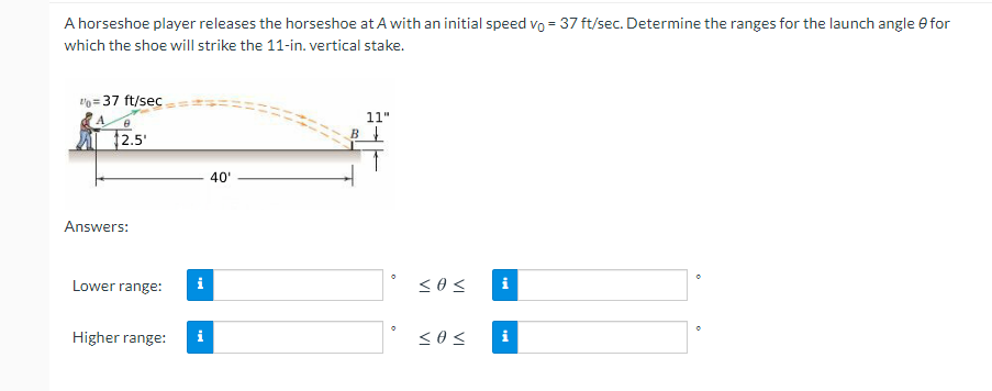 A horseshoe player releases the horseshoe at A with an initial speed vo = 37 ft/sec. Determine the ranges for the launch angle e for
which the shoe will strike the 11-in. vertical stake.
to = 37 ft/sec
11"
I 12.5'
40'
Answers:
Lower range:
Higher range:
i
