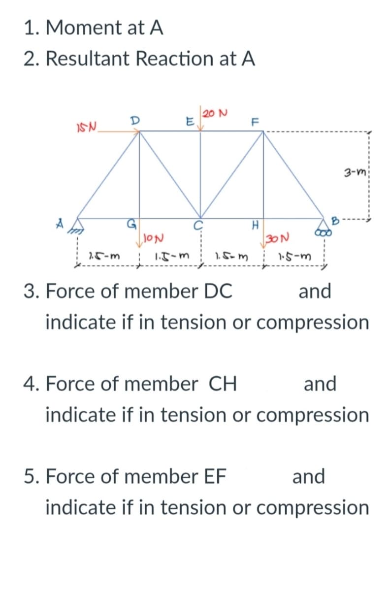 1. Moment at A
2. Resultant Reaction at A
20 N
3-m
G
30N
)5-m
1.5-m
1.5-m
1.5-m
3. Force of member DC
and
indicate if in tension or compression
4. Force of member CH
and
indicate if in tension or compression
5. Force of member EF
and
indicate if in tension or compression
