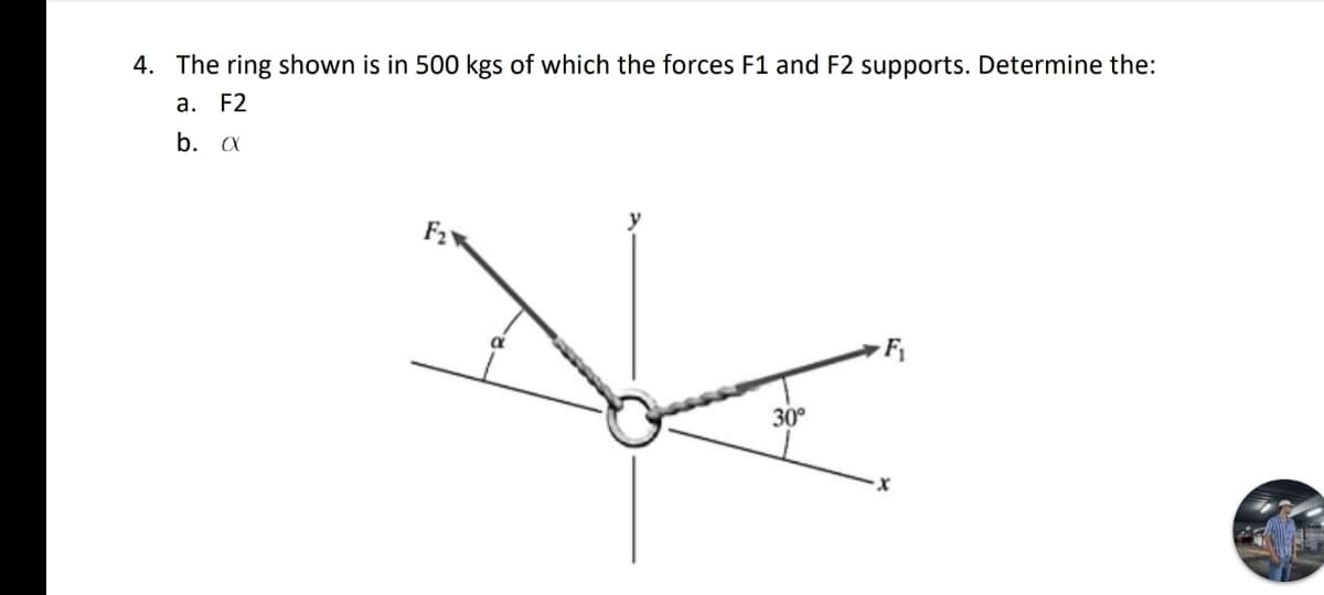 4. The ring shown is in 500 kgs of which the forces F1 and F2 supports. Determine the:
a. F2
b. a
y
F2
30°
