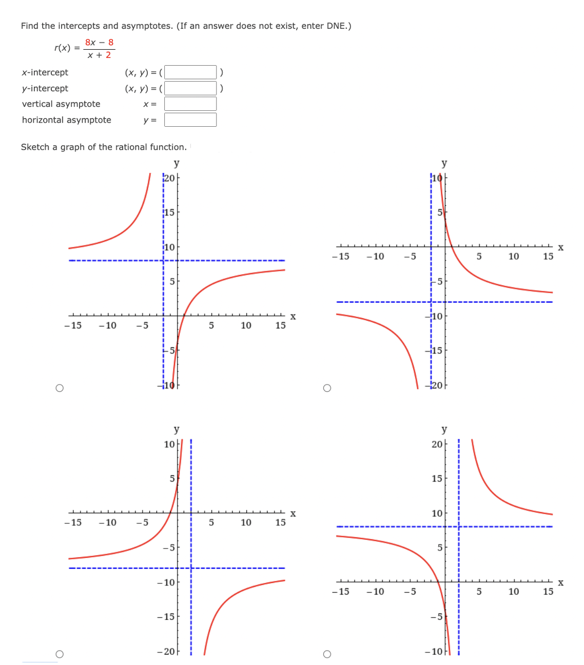 Find the intercepts and asymptotes. (If an answer does not exist, enter DNE.)
8x8
r(x) =
x + 2
x-intercept
y-intercept
vertical asymptote
horizontal asymptote
O
(x, y) = (
(x, y) = (
X =
Sketch a graph of the rational function.
y
-15 - 10
y =
-15 -10 -5
-5
120
15
10
5
y
10
5
-10
-15
-20
5
5
10
15
10
X
...... x
15
-15
-15
- 10
-10
-5
-5
5
-10
15
y
20
15
10
5
-5
-10H
5
5
10
10
15
15
X
X