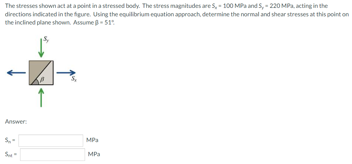 The stresses shown act at a point in a stressed body. The stress magnitudes are Sx = 100 MPa and Sy = 220 MPa, acting in the
directions indicated in the figure. Using the equilibrium equation approach, determine the normal and shear stresses at this point on
the inclined plane shown. Assume ß = 51°
Answer:
Sn =
Snt
B
Sx
MPa
MPa