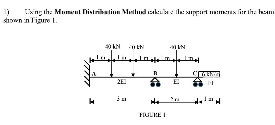 1)
shown in Figure 1.
Using the Moment Distribution Method calculate the support moments for the beam
40 kN
40 kN
40 kN
1 m
1 m
1m k1m
1 m
В
C[6 kN/m
2EI
EI
EI
3 m
2 m
1 m
FIGURE 1
