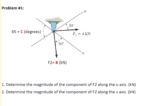 Problem #1:
30°
65 + C (degrees)
F = 4 kN
30°
F2= B (kN)
1. Determine the magnitude of the component of F2 along the u axis. (kN)
2. Determine the magnitude of the component of F2 along the v axis. (kN)
