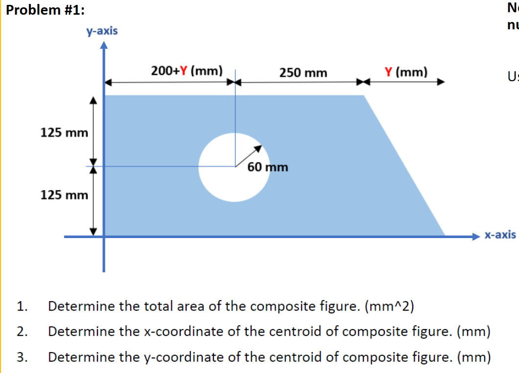 Problem #1:
N.
nu
у-аxis
200+Y (mm)
250 mm
Y (mm)
U:
125 mm
60 mm
125 mm
х-аxis
1.
Determine the total area of the composite figure. (mm^2)
Determine the x-coordinate of the centroid of composite figure. (mm)
3.
Determine the y-coordinate of the centroid of composite figure. (mm)
2.
