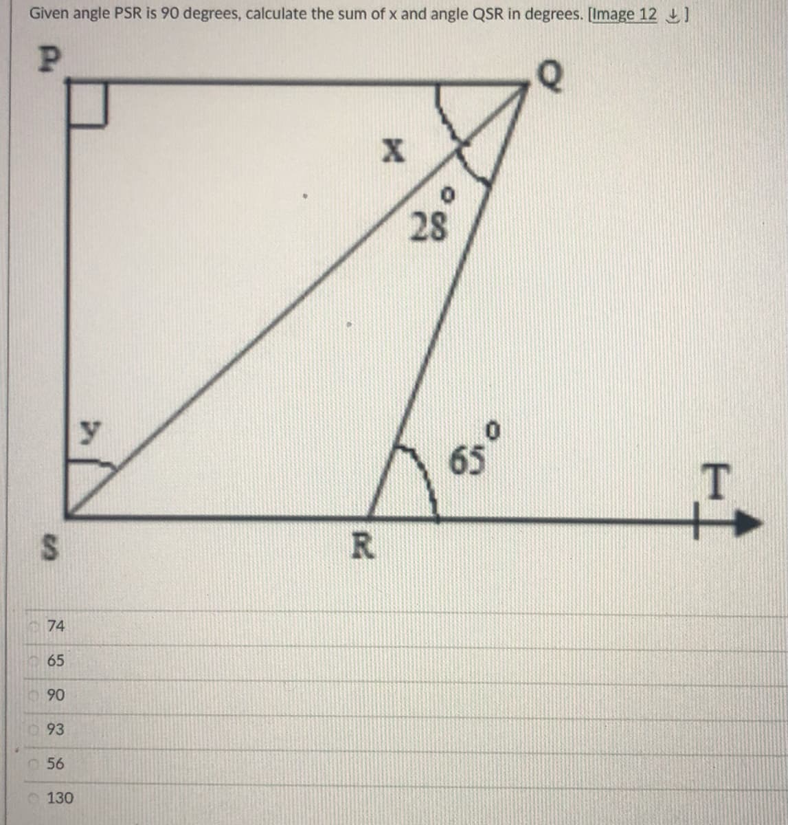 Given angle PSR is 90 degrees, calculate the sum of x and angle QSR in degrees. [Image 12 1
28
T
R.
74
65
90
93
O56
130
%24
