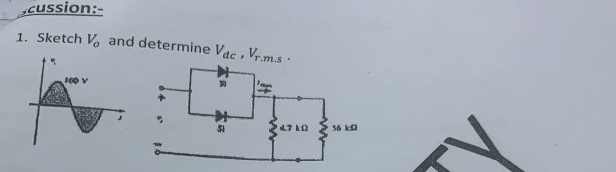 Scussion:-
1. Sketch Vo and determine Vac, Vrm.s .
100 V
Mas
L7 AQ
56 ka
本
