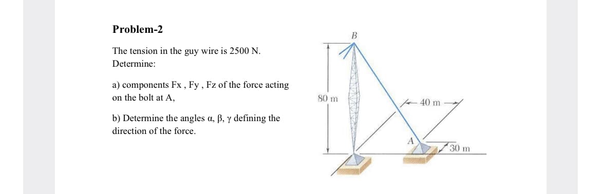 Problem-2
B
The tension in the guy wire is 2500 N.
Determine:
a) components Fx , Fy , Fz of the force acting
on the bolt at A,
80 m
+ 40 m
b) Determine the angles a, ß, y defining the
direction of the force.
30 m
