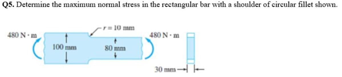 Q5. Determine the maximum normal stress in the rectangular bar with a shoulder of circular fillet shown.
GAI
480 N·m
100 mm
r=10 mm
80 mm
480 N-m
30 mm-