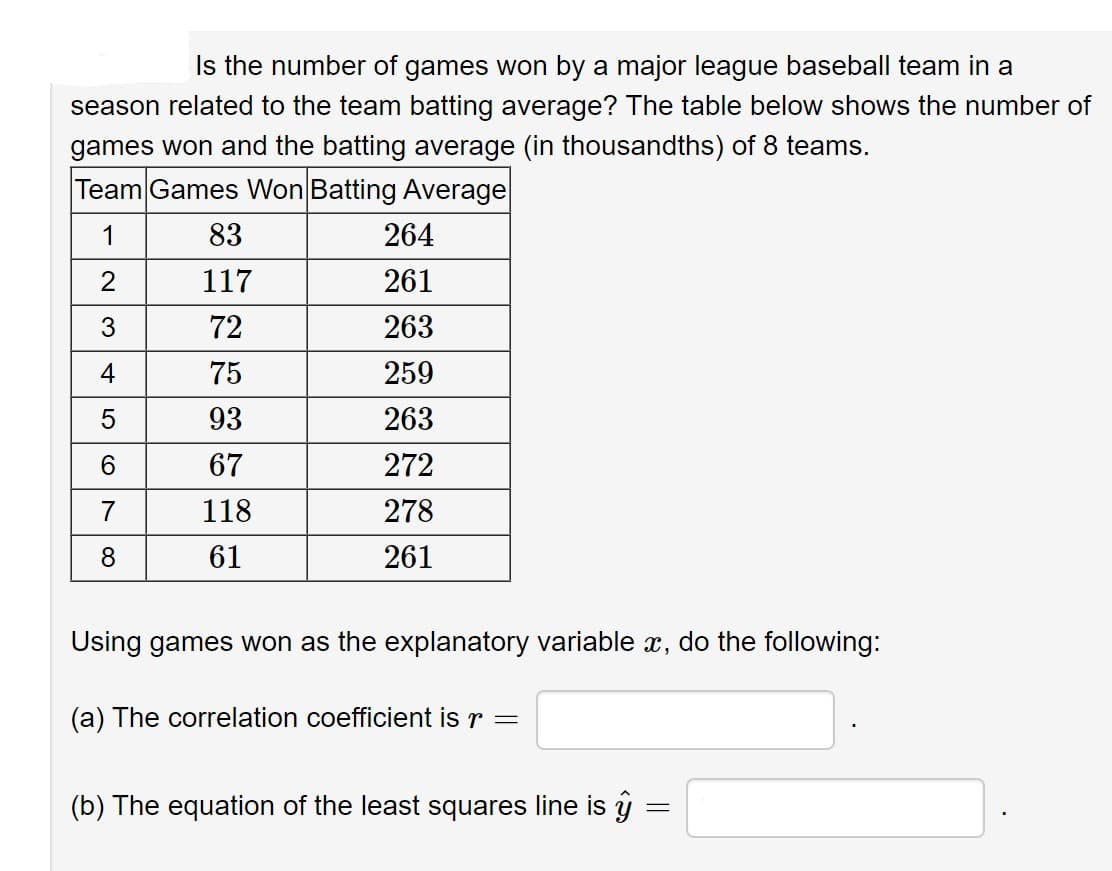 Is the number of games won by a major league baseball team in a
season related to the team batting average? The table below shows the number of
games won and the batting average (in thousandths) of 8 teams.
Team Games Won Batting Average
1
83
264
117
261
3
72
263
4
75
259
5
93
263
6
67
272
7
118
278
8
61
261
Using games won as the explanatory variable x, do the following:
(a) The correlation coefficient is r =
-
(b) The equation of the least squares line is y
N