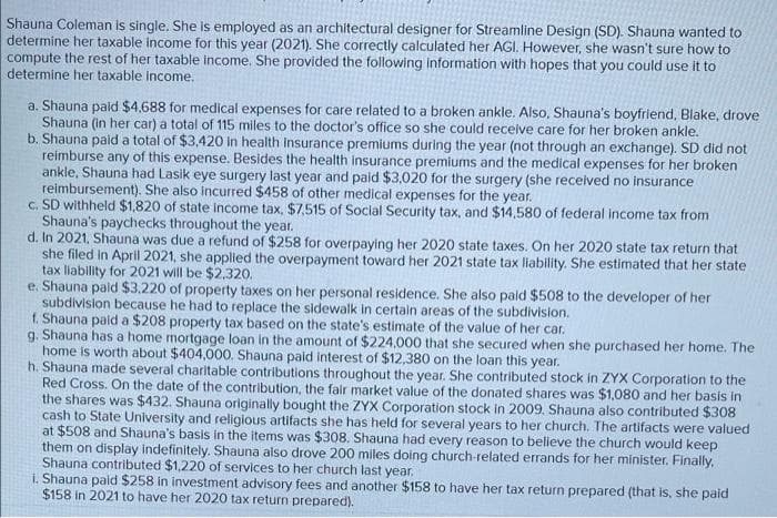 Shauna Coleman is single. She is employed as an architectural designer for Streamline Design (SD). Shauna wanted to
determine her taxable income for this year (2021). She correctly calculated her AGI. However, she wasn't sure how to
compute the rest of her taxable income. She provided the following information with hopes that you could use it to
determine her taxable income.
a. Shauna paid $4,688 for medical expenses for care related to a broken ankle. Also, Shauna's boyfriend, Blake, drove
Shauna (in her car) a total of 115 miles to the doctor's office so she could receive care for her broken ankle.
b. Shauna paid a total of $3,420 in health insurance premiums during the year (not through an exchange). SD did not
reimburse any of this expense. Besides the health insurance premiums and the medical expenses for her broken
ankle, Shauna had Lasik eye surgery last year and paid $3,020 for the surgery (she received no insurance
reimbursement). She also incurred $458 of other medical expenses for the year.
c. SD withheld $1,820 of state income tax, $7,515 of Social Security tax, and $14,580 of federal income tax from
Shauna's paychecks throughout the year.
d. In 2021, Shauna was due a refund of $258 for overpaying her 2020 state taxes. On her 2020 state tax return that
she filed in April 2021, she applied the overpayment toward her 2021 state tax liability. She estimated that her state
tax liability for 2021 will be $2,320.
e. Shauna paid $3,220 of property taxes on her personal residence. She also paid $508 to the developer of her
subdivision because he had to replace the sidewalk in certain areas of the subdivision.
f. Shauna paid a $208 property tax based on the state's estimate of the value of her car.
g. Shauna has a home mortgage loan in the amount of $224,000 that she secured when she purchased her home. The
home is worth about $404,000. Shauna paid interest of $12,380 on the loan this year.
h. Shauna made several charitable contributions throughout the year. She contributed stock in ZYX Corporation to the
Red Cross. On the date of the contribution, the fair market value of the donated shares was $1,080 and her basis in
the shares was $432. Shauna originally bought the ZYX Corporation stock in 2009. Shauna also contributed $308
cash to State University and religious artifacts she has held for several years to her church. The artifacts were valued
at $508 and Shauna's basis in the items was $308. Shauna had every reason to believe the church would keep
them on display indefinitely. Shauna also drove 200 miles doing church-related errands for her minister. Finally,
Shauna contributed $1,220 of services to her church last year.
i. Shauna paid $258 in investment advisory fees and another $158 to have her tax return prepared (that is, she paid
$158 in 2021 to have her 2020 tax return prepared).