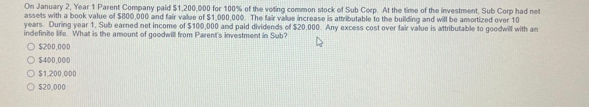 On January 2, Year 1 Parent Company paid $1,200,000 for 100% of the voting common stock of Sub Corp. At the time of the investment, Sub Corp had net
assets with a book value of $800,000 and fair value of $1,000,000. The fair value increase is attributable to the building and will be amortized over 10
years. During year 1, Sub earned net income of $100,000 and paid dividends of $20,000. Any excess cost over fair value is attributable to goodwill with an
indefinite life. What is the amount of goodwill from Parent's investment in Sub?
4
O$200,000
O$400,000
O $1,200,000
O $20,000