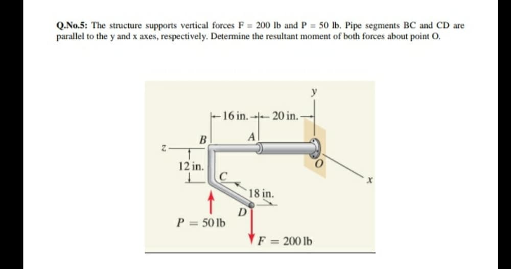 Q.No.5: The structure supports vertical forces F = 200 lb and P = 50 lb. Pipe segments BC and CD are
parallel to the y and x axes, respectively. Determine the resultant moment of both forces about point O.
-16 in. -- 20 in.
B
A
12 in.
18 in.
D
P = 50 lb
F = 200 lb
