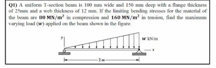 Q1) A uniform T-section beam is 100 mm wide and 150 mm deep with a flange thickness
of 25mm and a web thickness of 12 mm. If the limiting bending stresses for the material of
the beam are 80 MN/m2 in compression and 160 MN/m2 in tension, find the maximum
varying load (w) applied on the beam shown in the figure.
w kN/m
-2 m
