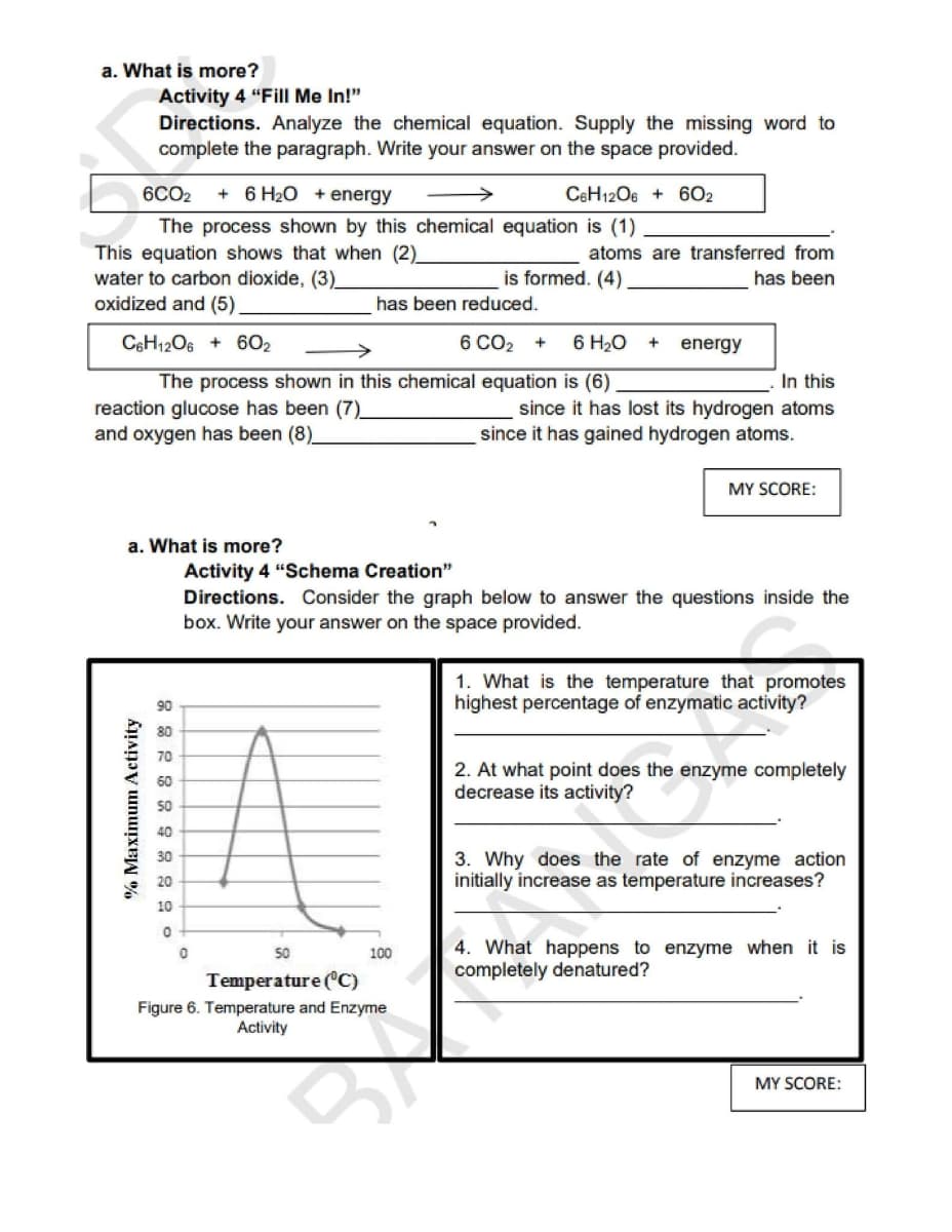 a. What is more?
Activity 4 "Fill Me In!"
Directions. Analyze the chemical equation. Supply the missing word to
complete the paragraph. Write your answer on the space provided.
6CO2
+ 6 H20 + energy
CeH1206 + 602
The process shown by this chemical equation is (1)
This equation shows that when (2)
water to carbon dioxide, (3)
oxidized and (5)
atoms are transferred from
is formed. (4)
has been
has been reduced.
C6H1206 + 6O2
6 CO2 +
6 H20
energy
The process shown in this chemical equation is (6)
In this
reaction glucose has been (7)_
and oxygen has been (8)
since it has lost its hydrogen atoms
since it has gained hydrogen atoms.
MY SCORE:
a. What is more?
Activity 4 "Schema Creation"
Directions. Consider the graph below to answer the questions inside the
box. Write your answer on the space provided.
1. What is the temperature that promotes
highest percentage of enzymatic activity?
90
IA
80
70
2. At what point does the enzyme completely
decrease its activity?
60
50
40
30
3. Why does the rate of enzyme action
initially increase as temperature increases?
20
10
4. What happens to enzyme when it is
completely denatured?
50
100
Temperature (C)
Figure 6. Temperature and Enzyme
Activity
MY SCORE:
% Maximum Activity
