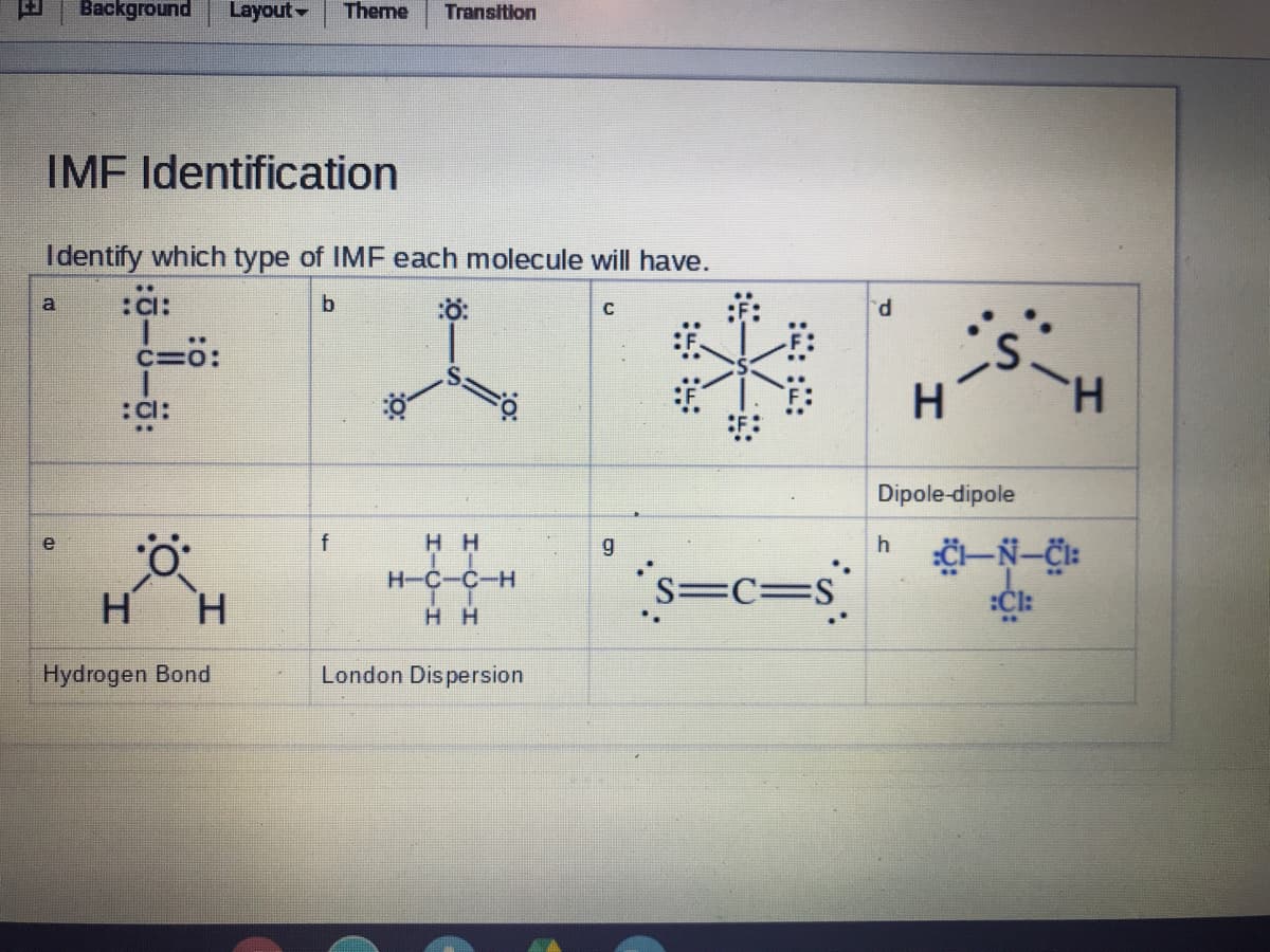 Background
Layout-
Theme
Transition
IMF Identification
Identify which type of IMF each molecule will have.
:ä:
a
b.
p.
c=0:
H.
:Cl:
Dipole-dipole
e
f
H H
h
H-C-C-H
S=C=S°
H
H.
:Cl:
H H
Hydrogen Bond
London Dispersion
:: ::
