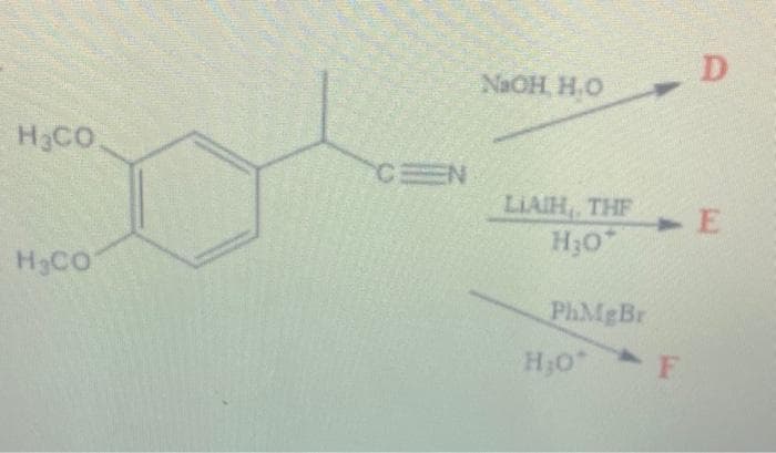 HCO
H₂CO
CEN
NaOH, HO
LIAIH, THE
H₂O*
PhMgBr
H₂0*
D
- E