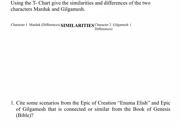 Using the T- Chart give the similarities and differences of the two
characters Marduk and Gilgamesh.
Character 1 Marduk (Differences) SIMILARITIES Character 2 Gilgamesh (
Differences)
1. Cite some scenarios from the Epic of Creation "Enuma Elish" and Epic
of Gilgamesh that is connected or similar from the Book of Genesis
(Bible)?
