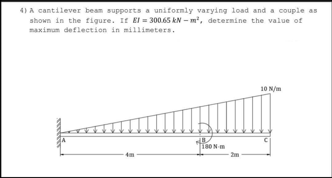 4) A cantilever beam supports a uniformly varying load and a couple as
shown in the figure. If EI = 300.65 kN m², determine the value of
maximum deflection in millimeters.
4m
B
180 N-m
2m
10 N/m