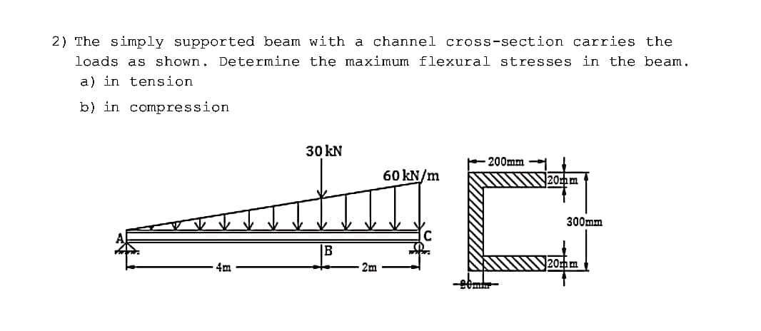 2) The simply supported beam with a channel cross-section carries the
loads as shown. Determine the maximum flexural stresses in the beam.
a) in tension
b) in compression
30 kN
200mm -
60 kN/m
20mm
C
B
4m
2m
300mm