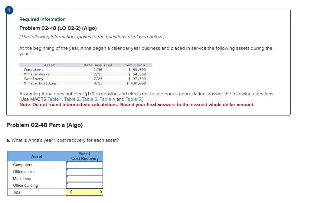 Required information
Problem 02-48 (LO 02-2) (Algo)
[The following information applies to the questions displayed below.]
At the beginning of the year, Anna began a calendar-year business and placed in service the following assets during the
year:
Computers
Office desks
Machinery
Office building
Asset
Problem 02-48 Part a (Algo)
Assuming Anna does not elect §179 expensing and elects not to use bonus depreciation, answer the following questions:
(Use MACRS Table 1, Table 2, Table 3, Table 4 and Table 5.)
Note: Do not round intermediate calculations. Round your final answers to the nearest whole dollar amount.
Asset
a. What is Anna's year 1 cost recovery for each asset?
Computers
Office desks
Machinery
Office building
Total
Date Acquired
1/30
2/15
7/25
8/13
Year 1
Cost Recovery
$
Cost Basis
$50,500
$ 54,500
$ 97,500
$430,000
0