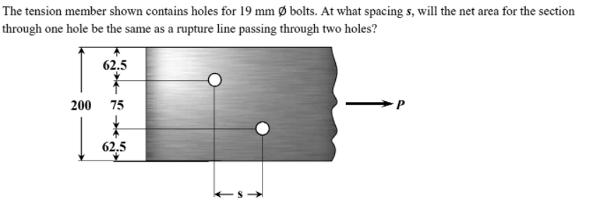 The tension member shown contains holes for 19 mm Ø bolts. At what spacing s, will the net area for the section
through one hole be the same as a rupture line passing through two holes?
62.5
200
75
62.5
