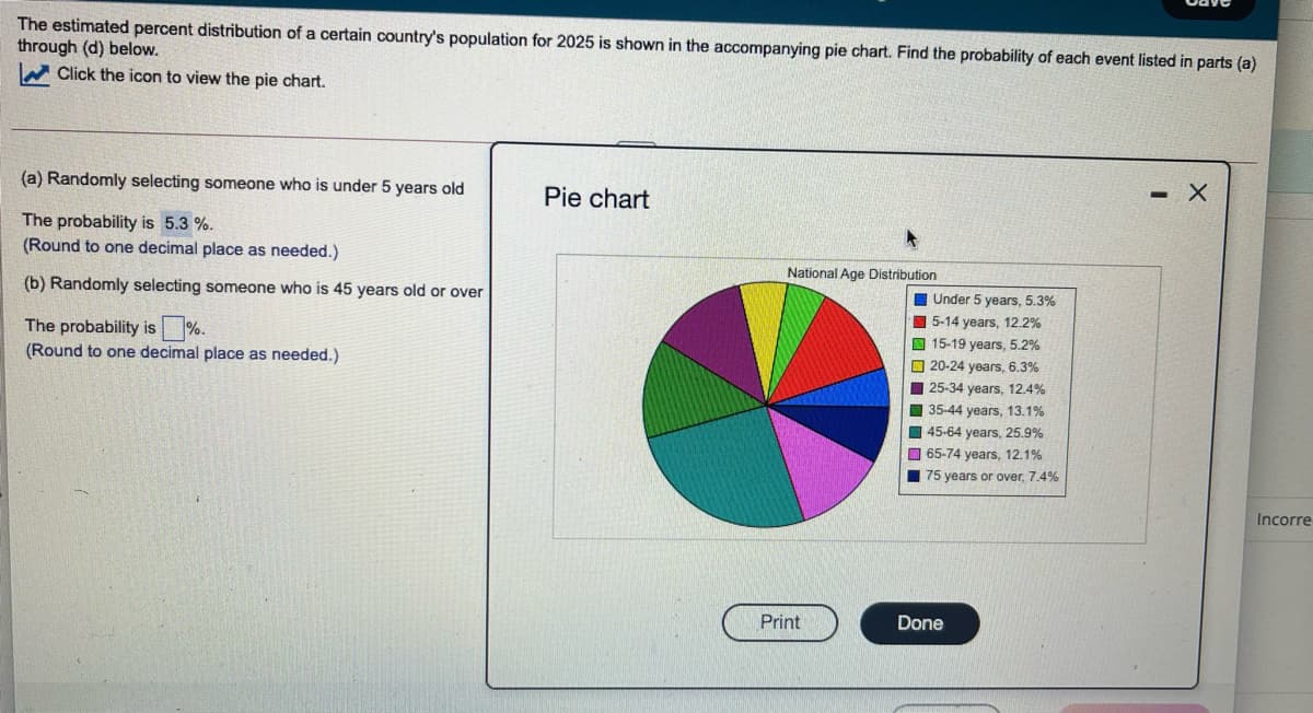 The estimated percent distribution of a certain country's population for 2025 is shown in the accompanying pie chart. Find the probability of each event listed in parts (a)
through (d) below.
W Click the icon to view the pie chart.
(a) Randomly selecting someone who is under 5 years old
Pie chart
The probability is 5.3 %.
(Round to one decimal place as needed.)
National Age Distribution
(b) Randomly selecting someone who is 45 years old or over
I Under 5 years, 5.3%
I 5-14 years, 12.2%
O 15-19 years, 5.2%
%.
The probability is
(Round to one decimal place as needed.)
O 20-24 years, 6.3%
I 25-34 years, 12.4%
35-44 years, 13.1%
45-64 years, 25.9%
O 65-74 years, 12.1%
I 75 years or over, 7.4%
Incorre
Print
Done
