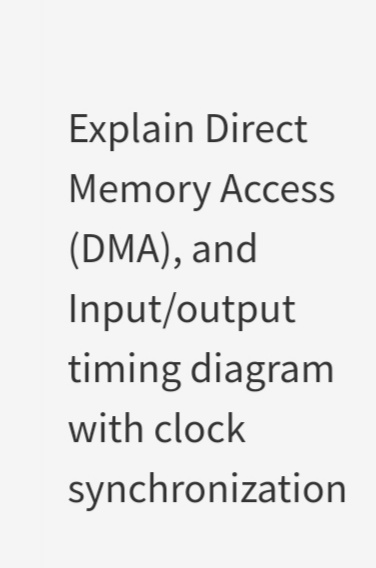 Explain Direct
Memory Access
(DMA), and
Input/output
timing diagram
with clock
synchronization
